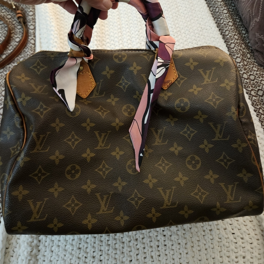 Louis Vuitton Brown Monogram Satchel with Pink Scarf Accent
